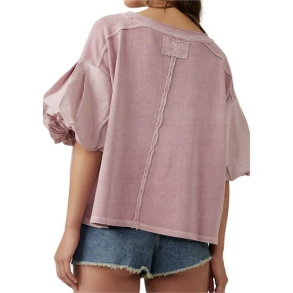 Free People Blossom Tee Mauve Pink Puff Sleeve Oversized Cotton Cottage Boho S - Picture 2 of 12